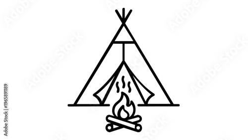Minimalist vector icon illustration of a traditional teepee wigwam tent with a burning campfire in front, perfect for camping, outdoor adventure, wilderness travel, and indigenous culture themes.