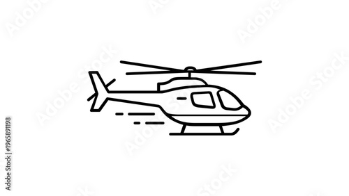 Minimalist black line art vector icon of a helicopter flying, isolated on white background. Modern flat illustration of a chopper aircraft for aviation, travel, and transportation design.