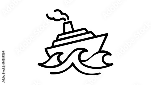 Minimalist black and white vector icon illustration of a steamship or cruise liner sailing on wavy ocean water, perfect for travel, maritime, and nautical transportation designs, flat style.