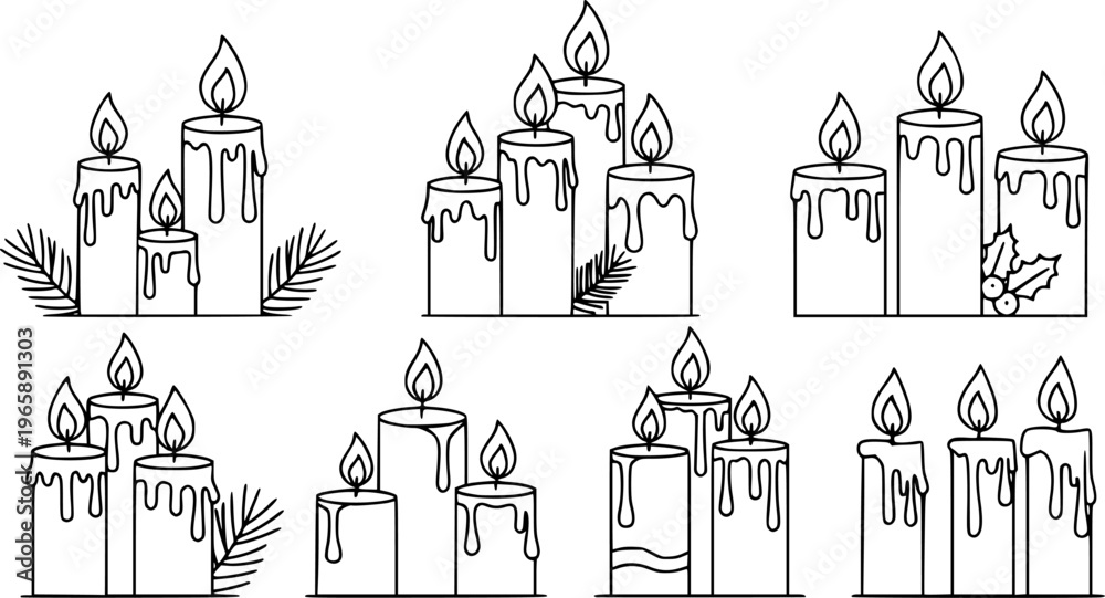 Fototapeta premium Set of outline burning christmas candles icons.