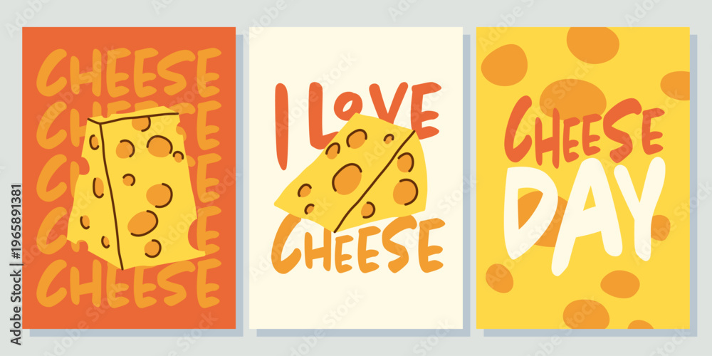 Fototapeta premium Collection of cheese posters with hand drawn lettering. Creative food design cards for web.