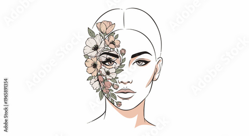 Stylized portrait of a face partially covered with delicate flowers