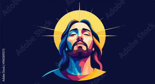 Stylized portrait of a figure with closed eyes and a radiant halo