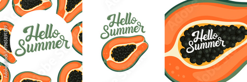 Set of Hello Summer cards with refreshing papaya designs. Creative summer greetings