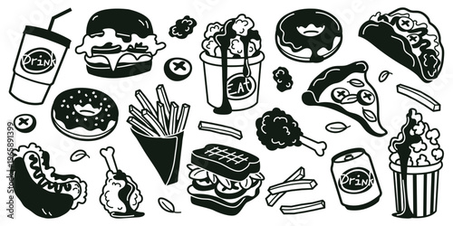 Black and white hand drawn fast food doodle set with burger, pizza, fries, hot dog, taco, donuts, popcorn and drinks. Professional monochrome vector icons for menu design, stickers, and cafe decor.