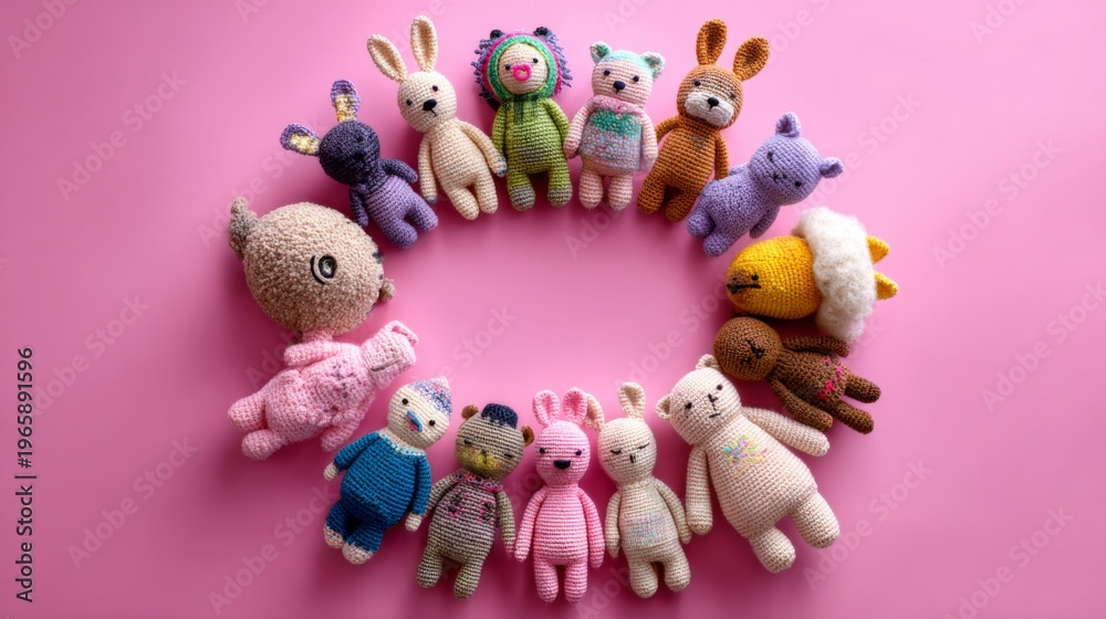 Fototapeta premium Charming Collection of Handcrafted Crochet Animal Dolls in a Colorful Circle Displayed on a Pink Background