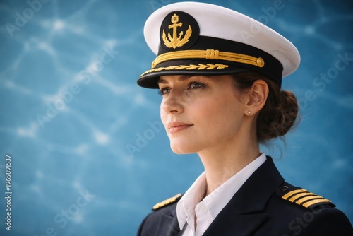 Female naval officer in uniform with captain's hat against blue background