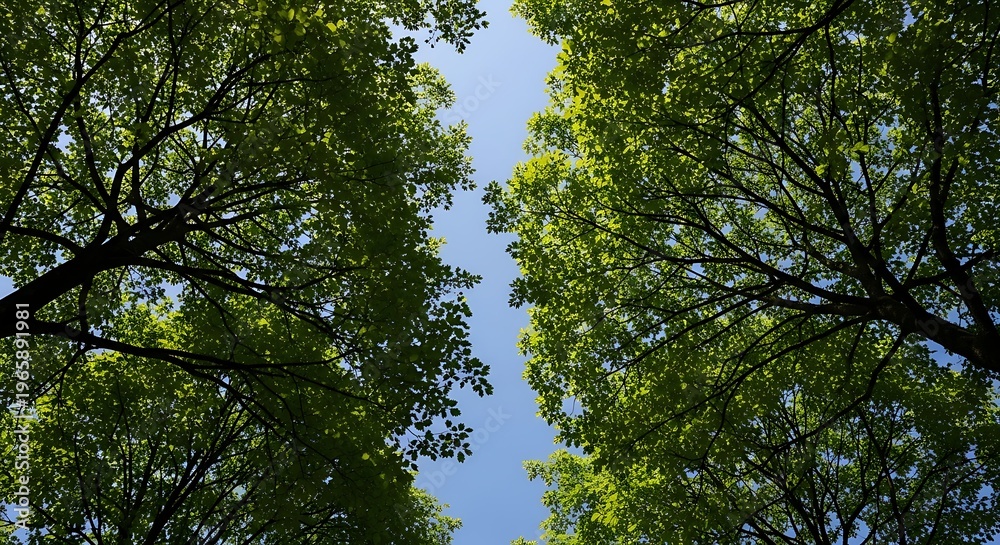 Fototapeta premium Tranquil Green Canopy with Clear Blue Sky View from Below