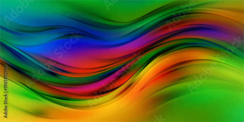 A vibrant abstract rainbow background features a colorful spectrum of light waves and digital curves in a bright motion blur pattern designed as a textured wallpaper backdrop