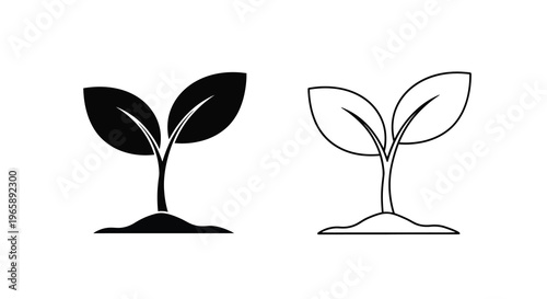 Two simple black and white illustrations of sprouting seedlings with leaves