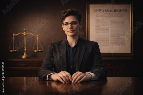 Professional lawyer sitting at desk with scales of justice and universal rights document