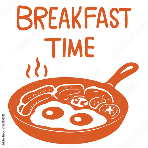 Breakfast frying pan with eggs sausages and bacon hot morning cooking illustration