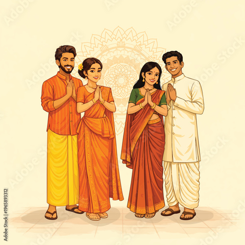 Sri Lankan Traditional New Year Greeting Group in Cultural Avurudu Dress with Ayubowan Gesture – Vector Illustration - sinhala and tamil new year