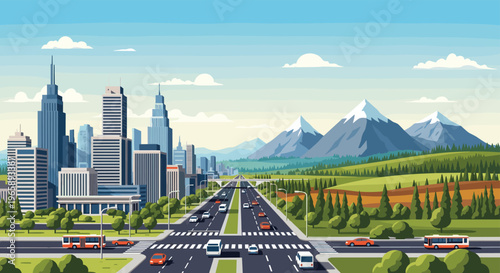 City skyline and major highway with vehicles leading towards snow-capped mountains under a clear blue sky.