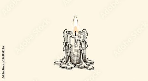 Detailed line art illustration of a burning wax candle with melting drips and a bright flame on beige background.