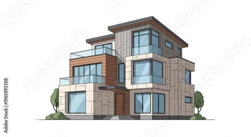 Modern three-story residential house with large windows glass balconies and contemporary architectural design.