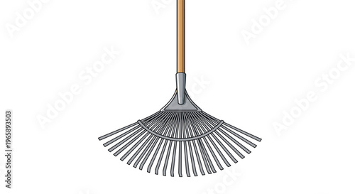 Metal leaf rake with a long wooden handle for gardening and yard maintenance on a white background.