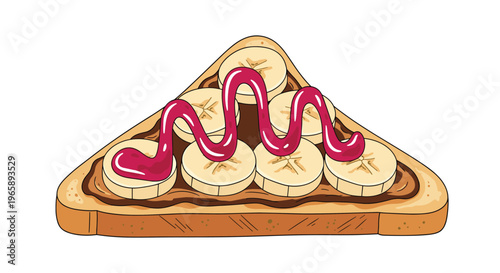 Sliced triangular toast topped with dark chocolate spread, fresh banana rounds, and a swirl of red fruit jam for a sweet breakfast.