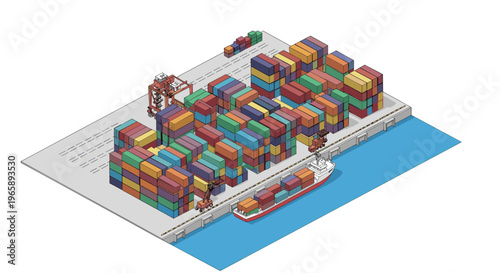 Isometric illustration of a busy shipping port with stacked colorful cargo containers, cranes, and a large freighter ship at the pier.