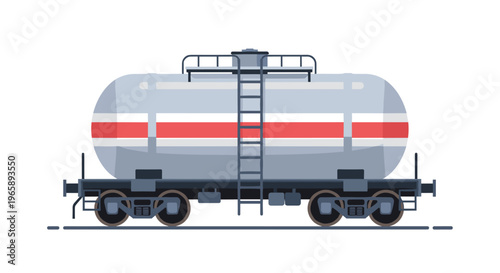 Side view of a white railway tanker wagon with a red stripe used for transporting liquids and chemicals on train tracks.