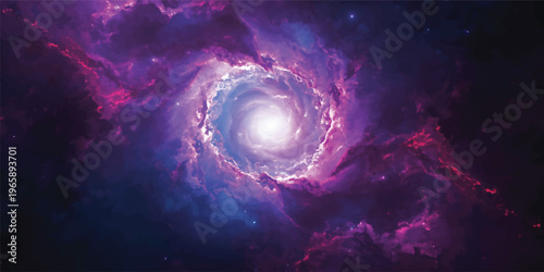 A vibrant abstract nebula swirls through the dark cosmos, featuring a purple and blue spiral galaxy illuminated by bright stars and ethereal plasma art across the deep black universe
