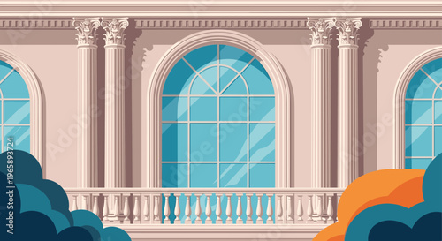 Detailed architectural view of a classical building facade featuring large arched windows, ornate columns, and a balustrade.