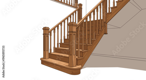 View of a classic polished wooden staircase with elegant banisters and spindles leading to an upper floor of a house.