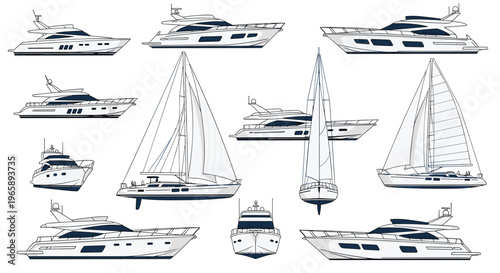 Large collection of diverse modern luxury yachts, motorboats, and sailing vessels in various views and sizes.