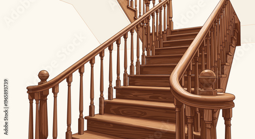 Majestic wooden staircase in a luxury home featuring curved railings, intricate balustrades, and a warm wooden finish.