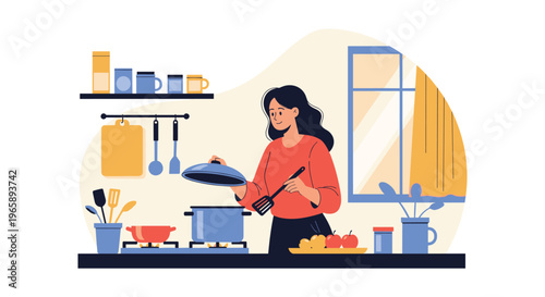 Woman in a red sweater cooking a meal in a modern kitchen while holding a pot lid and a spatula near a stove.