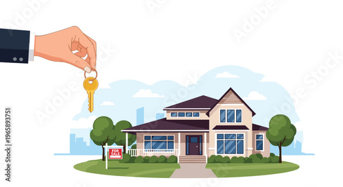 Hand of a real estate agent holding keys to a new suburban house with a for sale sign on the front lawn.