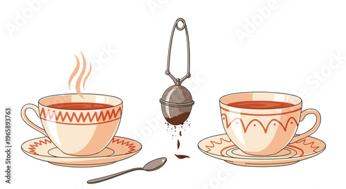 Elegant tea set includes two ceramic cups with decorative patterns filled with black tea and a metal infuser with loose leaves.