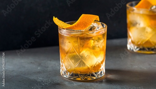 Cocktails with Orange Garnish on Dark Surface