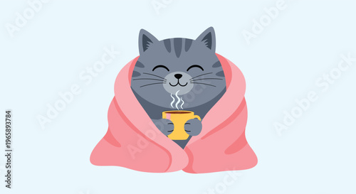 Cute grey cat wrapped in a cozy pink blanket smiles while holding a steaming yellow mug of hot chocolate or coffee.