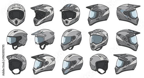 Large collection of diverse motorcycle and motocross helmets in different styles, angles, and shades of gray.