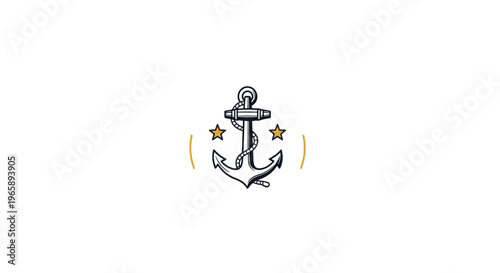 Classic nautical anchor logo with a wrapped rope and two gold stars is centered on a minimalist white background.
