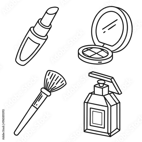 Cosmetic products set including lipstick compact powder bottle and makeup brush outline vector