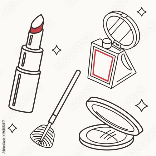 Cosmetics beauty products including lipstick eyeshadow compact and mascara wand with sparkles and stars outline vector