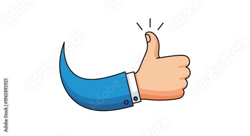 Human hand with a blue shirt sleeve and white cuff gives a thumbs up gesture against a white background with highlights.