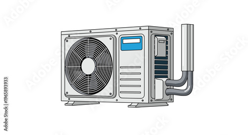Outdoor component of an air conditioning system with a fan and copper pipes is rendered in a detailed graphic style.