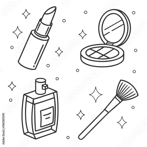 Beauty and cosmetic items lipstick compact powder bottle and makeup brush with sparkles and circles outline vector