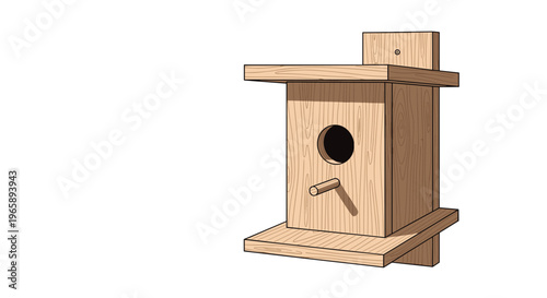 Simple wooden birdhouse with a round entrance hole and a perch is attached to a backboard against a white background.