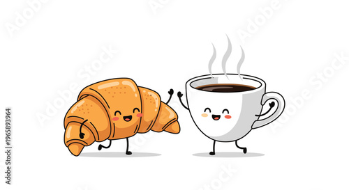 Adorable cartoon croissant and a coffee cup with happy faces dance together in a cheerful breakfast illustration.
