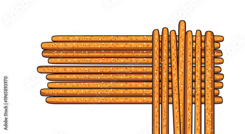 Bundle of thin and crispy grissini breadsticks with sesame seeds are neatly arranged in horizontal and vertical rows.