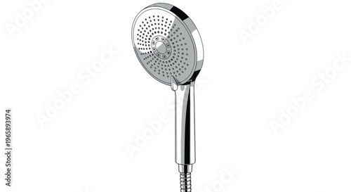 Close-up of a modern chrome shower head with numerous water nozzles and a sleek handle on a plain background.