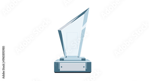 Sleek and modern glass trophy award with an angled top and a silver base plate is isolated on a white background.