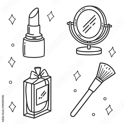Beauty accessories collection including lipstick tabletop mirror perfume bottle and makeup brush in line art style for fashion blogs and brochures