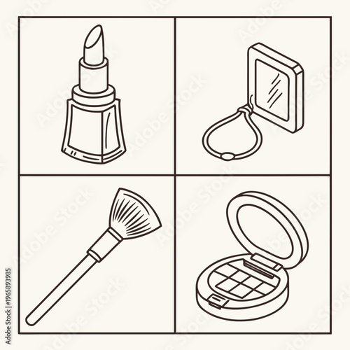 Minimalist makeup kit icons showing lipstick mirror compact powder and cosmetic brush inside square frames for professional branding and advertising