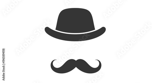 Black hat and handlebar mustache.