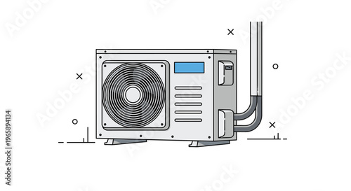 Front view of a modern white outdoor air conditioner unit with fan and piping isolated on white background for heating and cooling service concept.